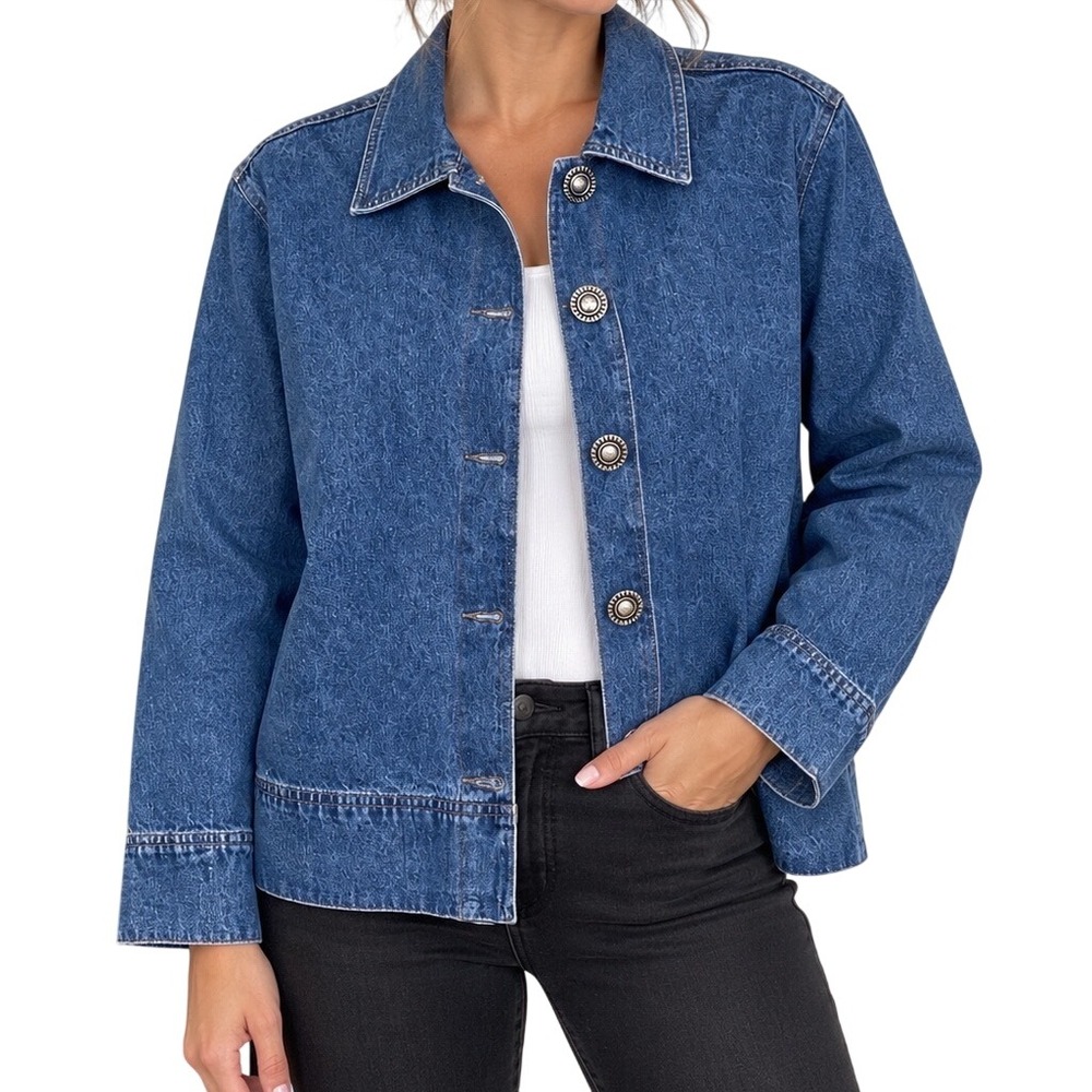 Rosettes Vintage Blue Denim Jacket Womens Medium 90s Y2K Sun Buttons - Cotton